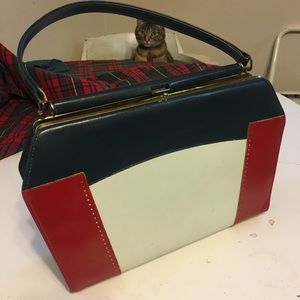 1950’s vintage leather purse color block navy/red/white excellent condition!